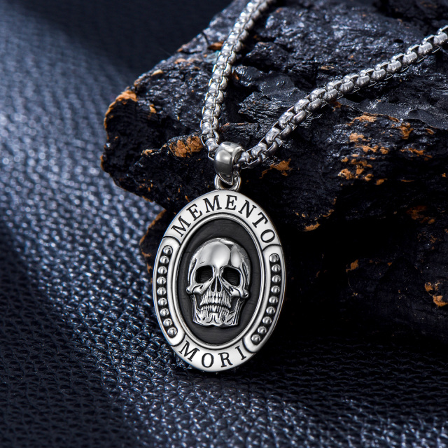 Sterling Silver Memento Mori Skull Oval Pendant Necklace with Engraved Word for Men-3