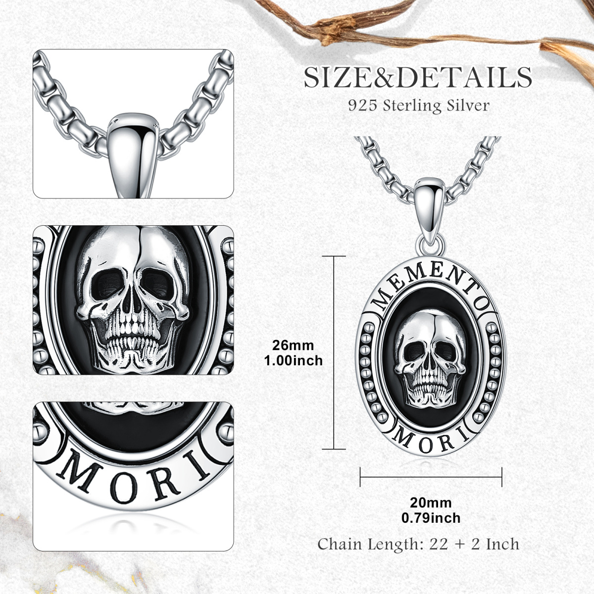 Sterling Silver Memento Mori Skull Oval Pendant Necklace with Engraved Word for Men-5