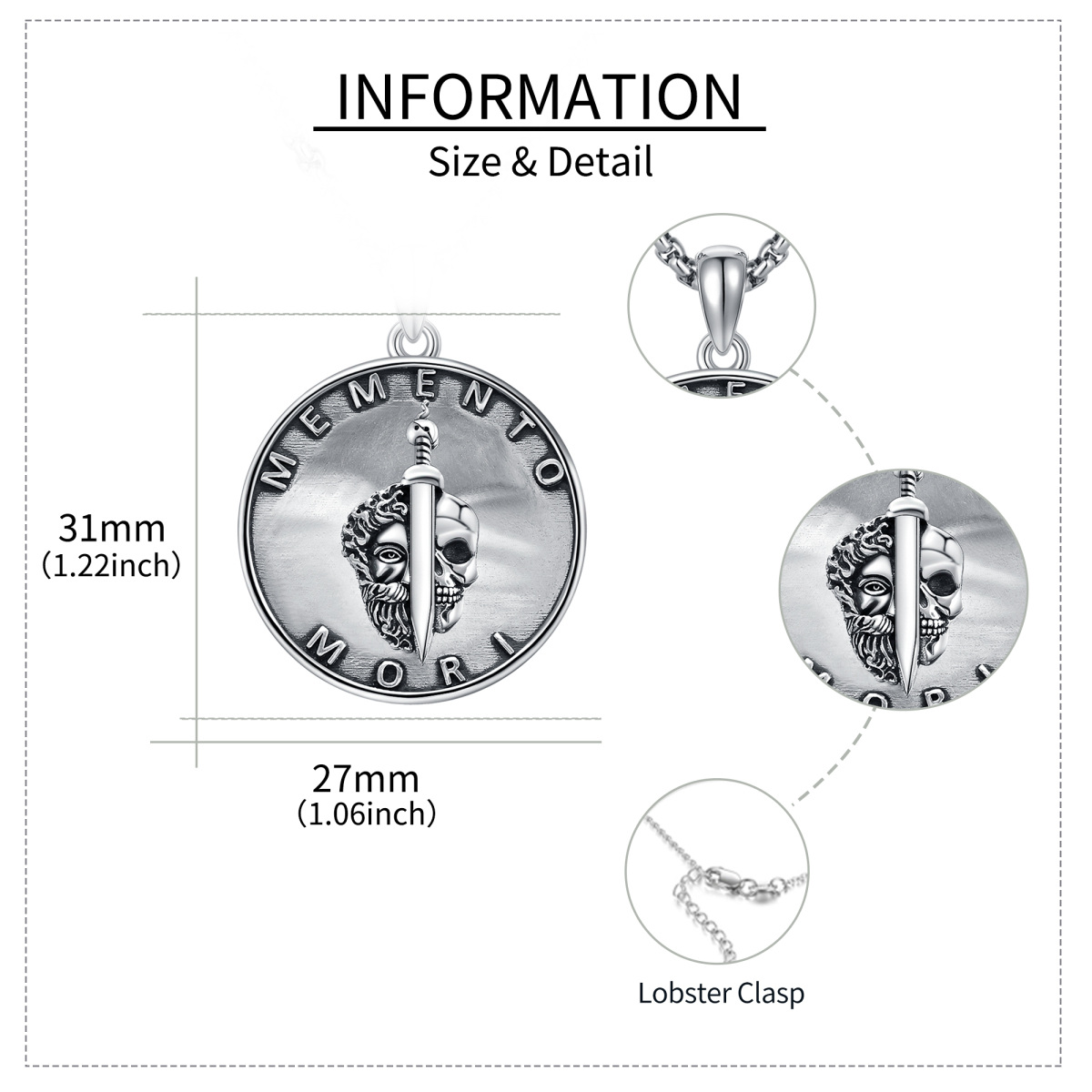 Memento Mori - Halskette mit Münzanhänger aus Sterlingsilber mit Totenkopf und Lebensbaum für Herren-5