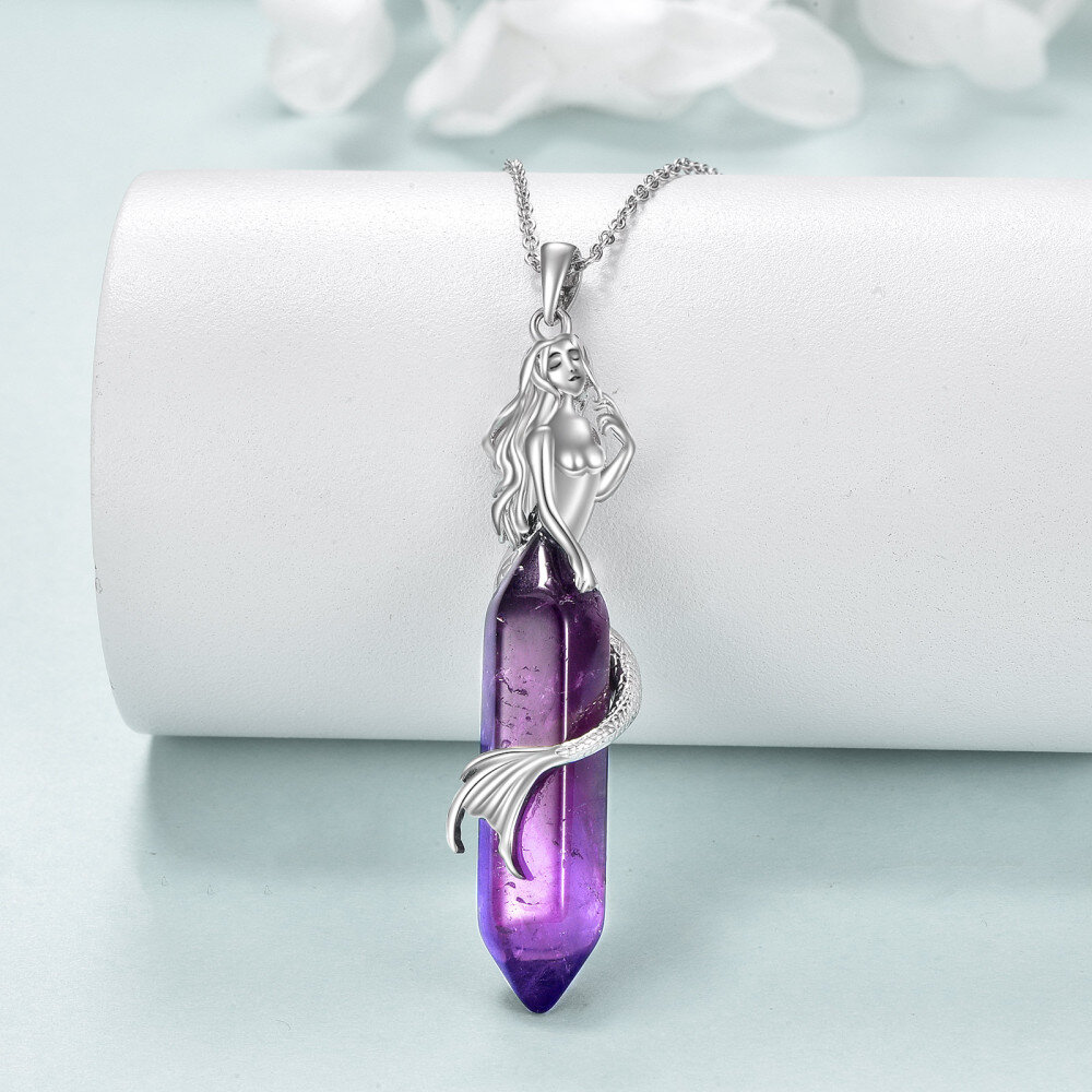 Sterling Silver Mermaid Crystal Pendant Necklace-3