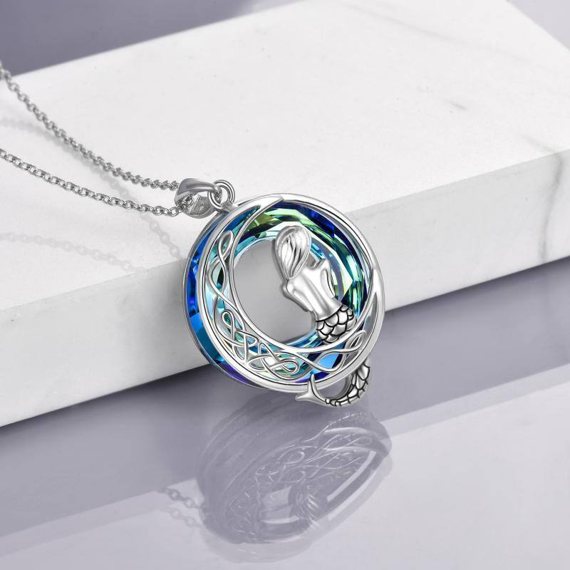 Sterling Silver Mermaid & Moon Crystal Pendant Necklace-4