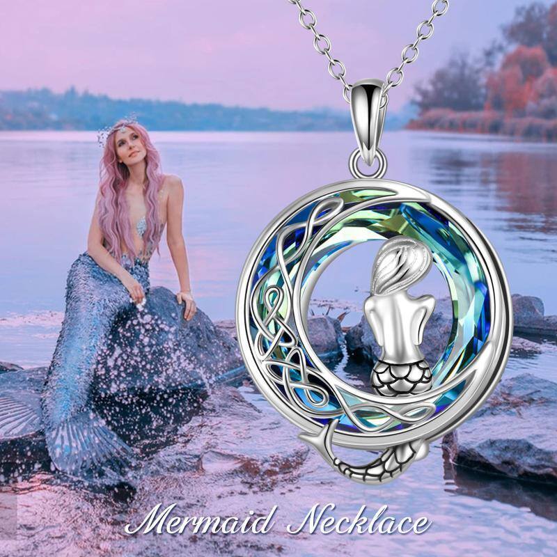 Sterling Silver Mermaid & Moon Crystal Pendant Necklace-5