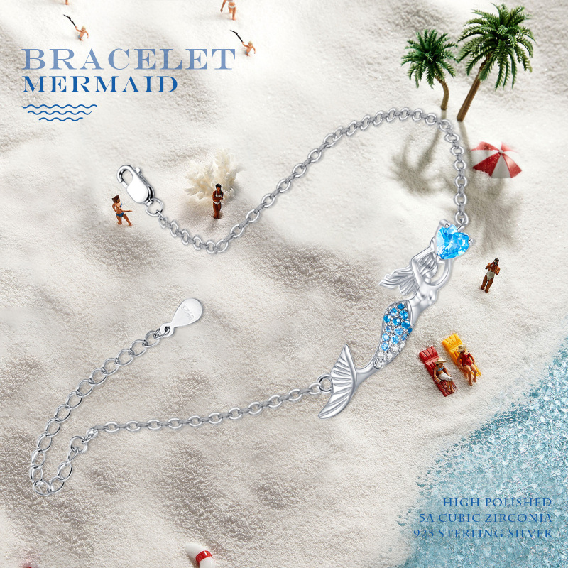 Sterling Silver Cubic Zirconia Mermaid Charm Bracelet-5