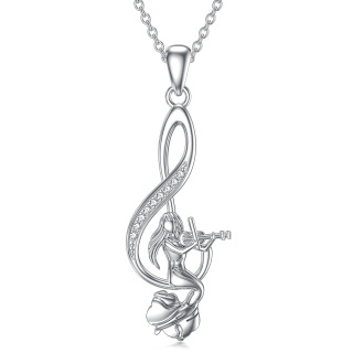 Sterling Silver Cubic Zirconia Mermaid Tail & Music Symbol Pendant Necklace-2