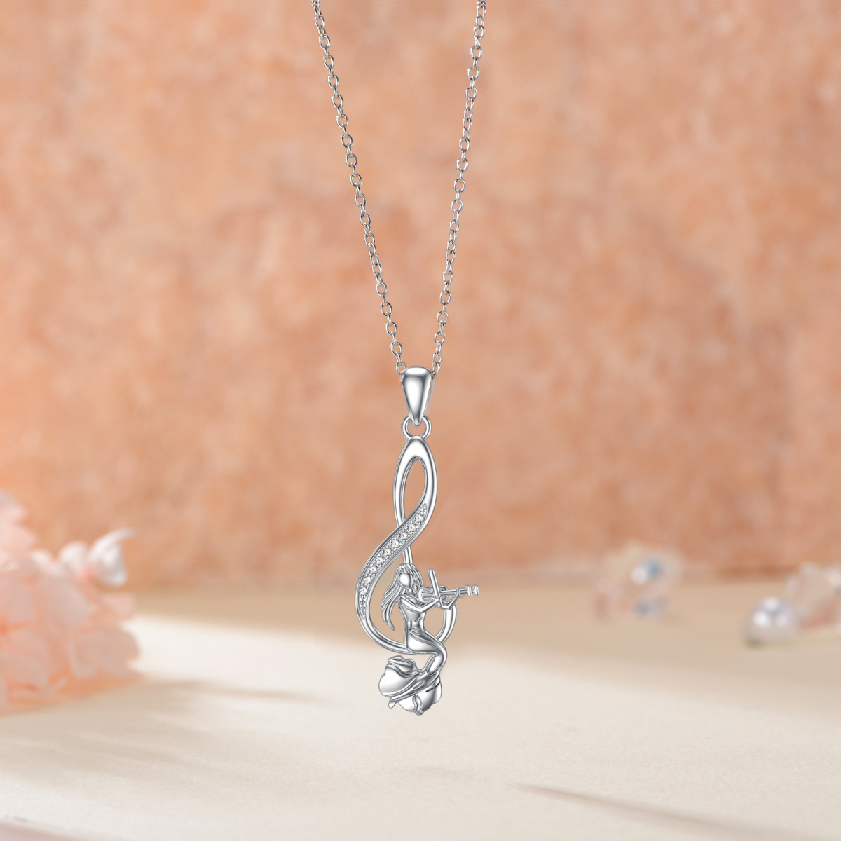 Sterling Silber Cubic Zirkonia Meerjungfrau Schwanz & Musik Symbol Anhänger Halskette-3