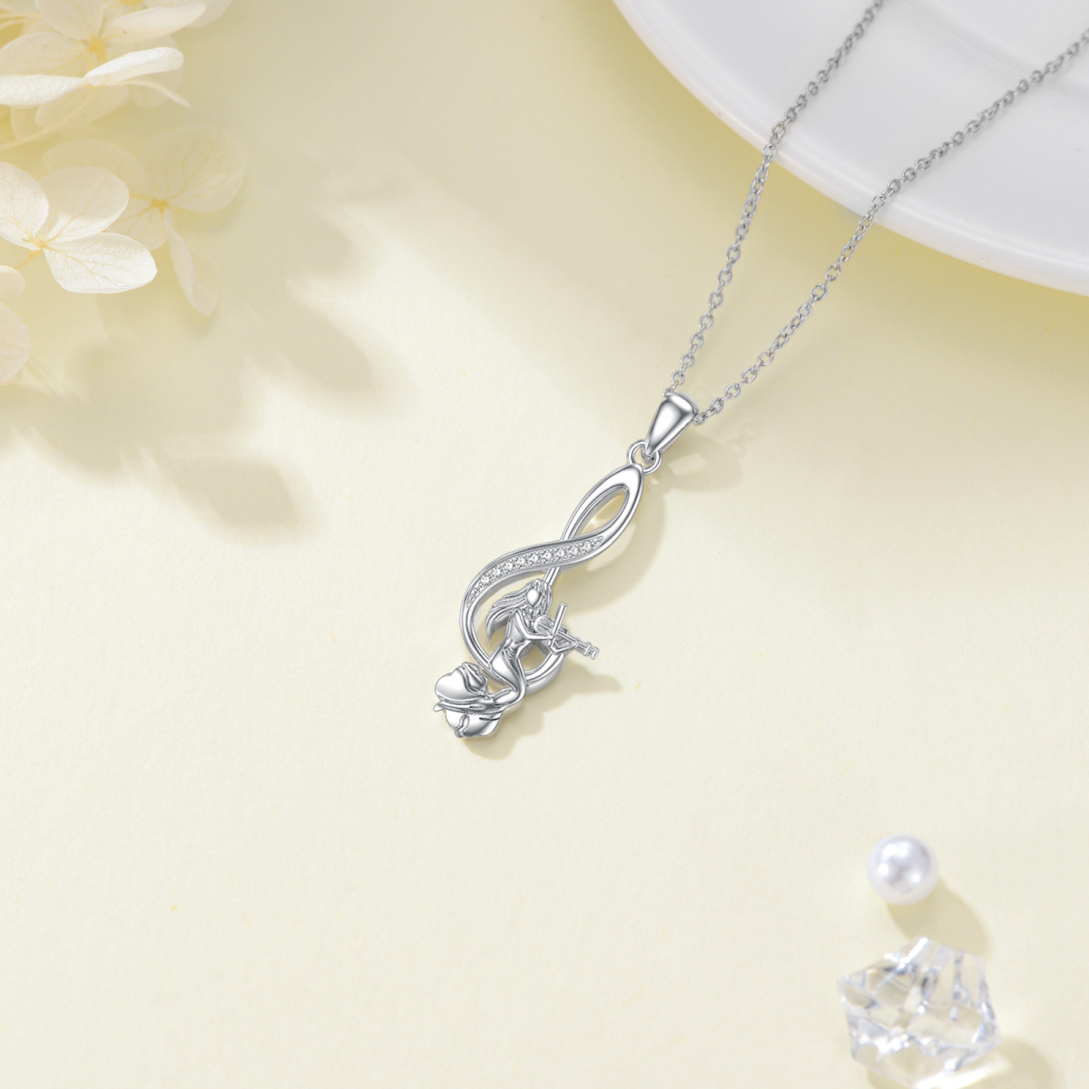 Sterling Silber Cubic Zirkonia Meerjungfrau Schwanz & Musik Symbol Anhänger Halskette-4