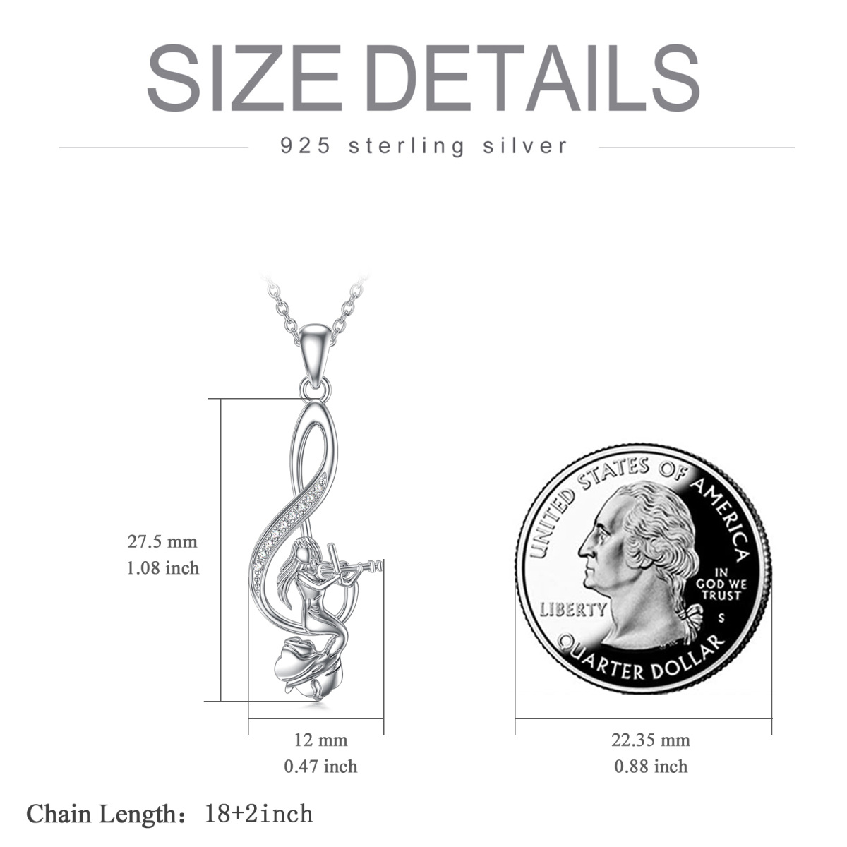 Sterling Silber Cubic Zirkonia Meerjungfrau Schwanz & Musik Symbol Anhänger Halskette-5