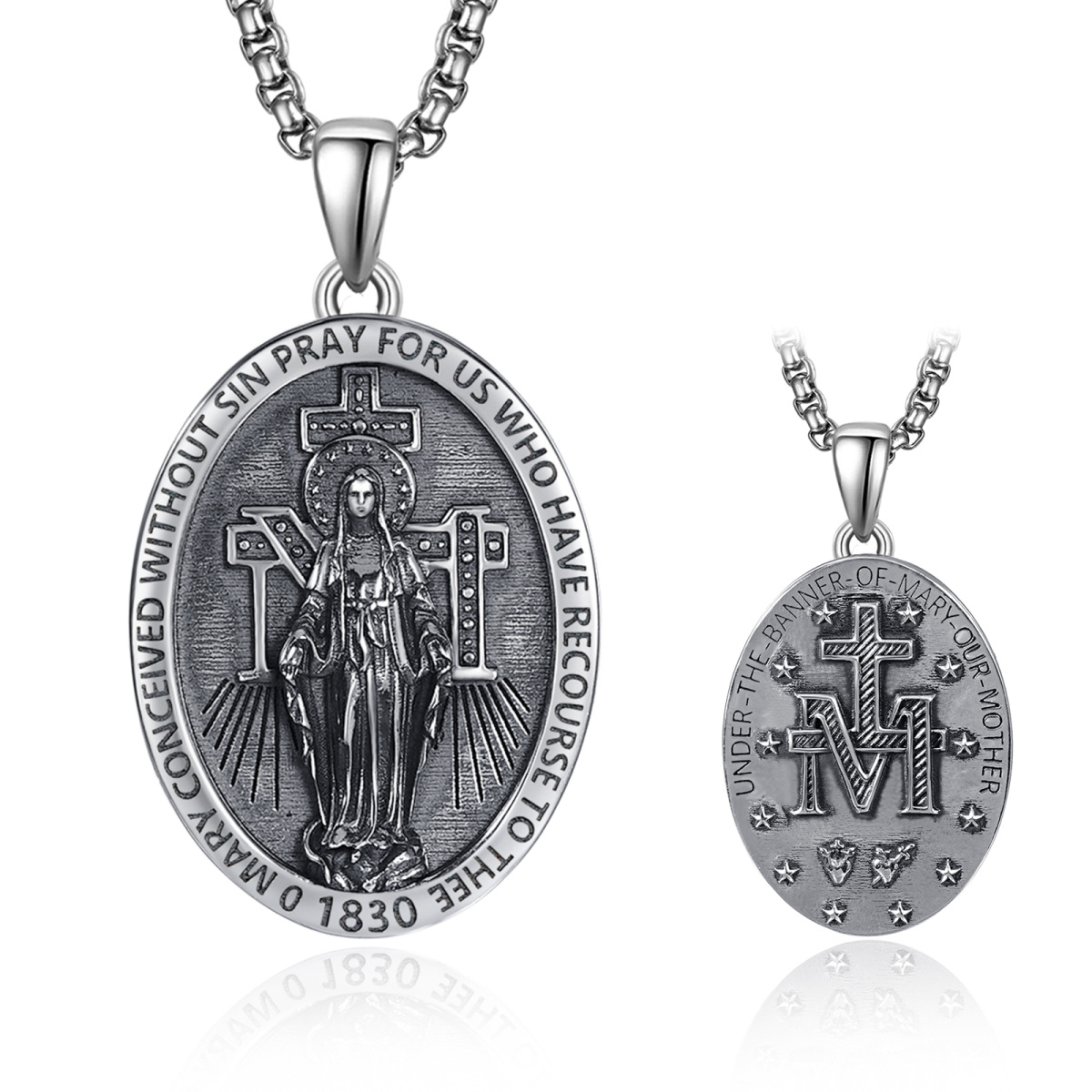 Sterling Silver Miraculous Medal Pendant Necklace for Men-1