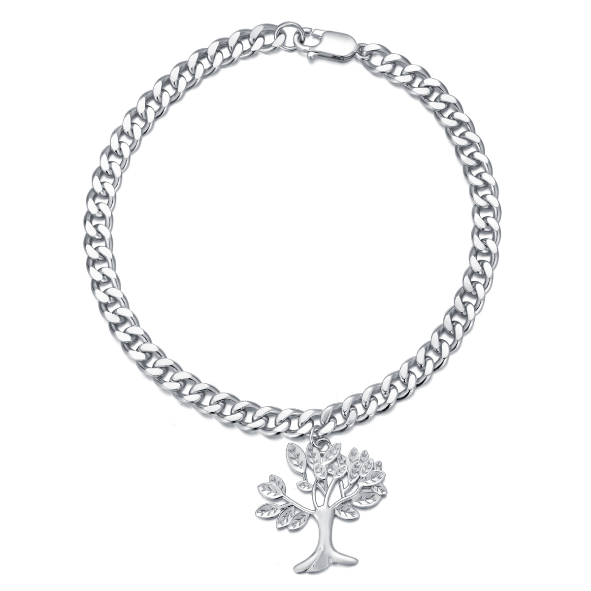 Sterling Silver 5 MM Tree Of Life Pendant Cuban Chain Bracelet for Men-1