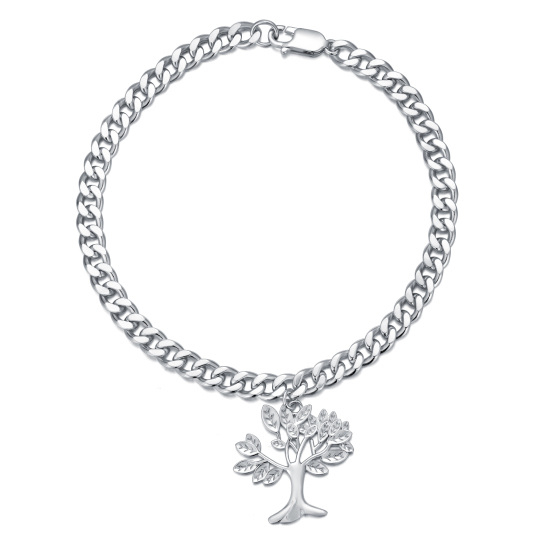 Sterling Silver 5 MM Tree Of Life Pendant Cuban Chain Bracelet for Men