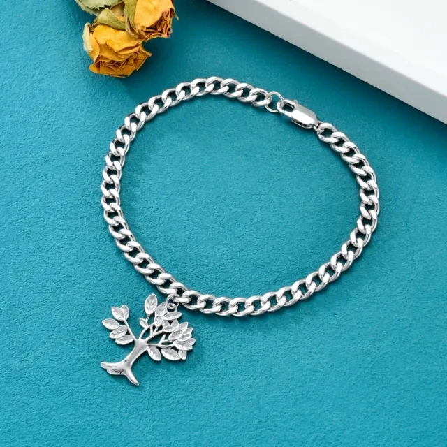 Pulsera de cadena cubana con colgante de árbol de la vida de plata de ley de 5 mm para hombre-2