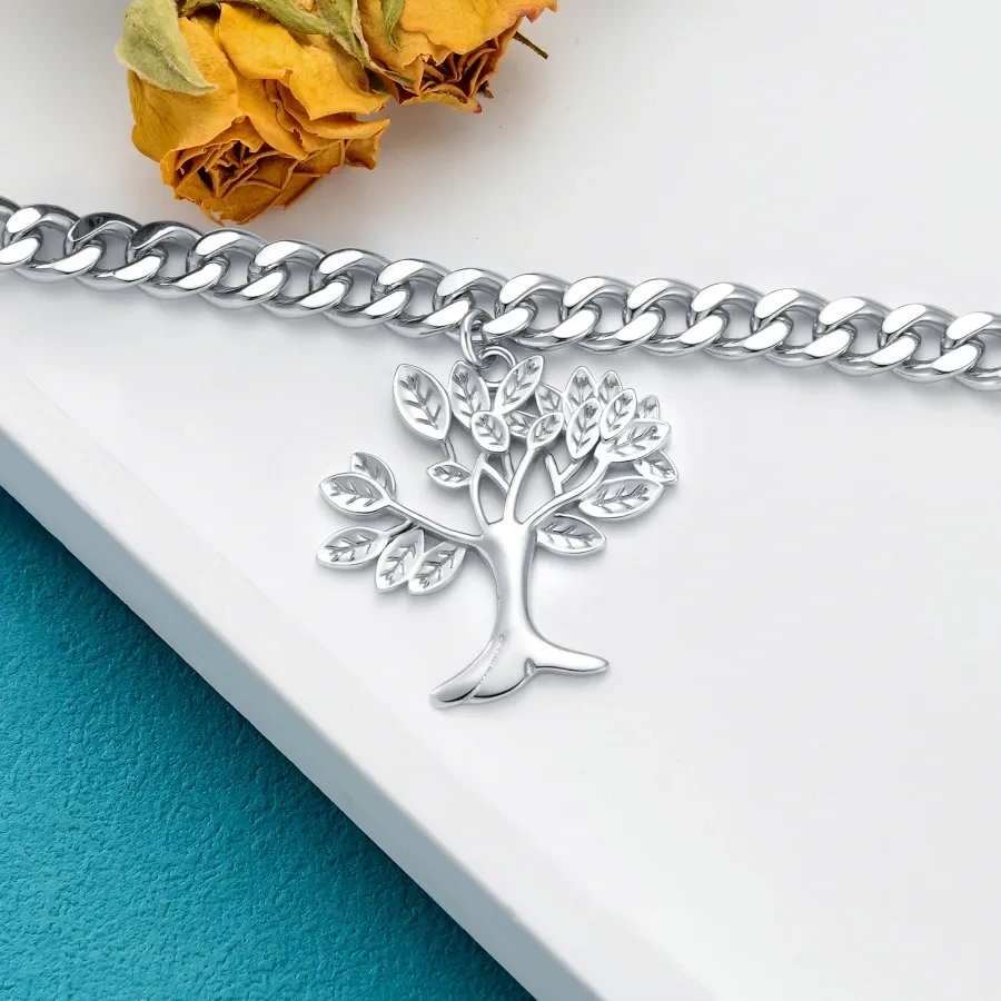 Sterling Silver 5 MM Tree Of Life Pendant Cuban Chain Bracelet for Men-3