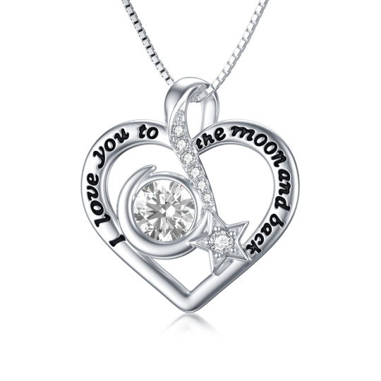 Sterling Silver Moissanite Heart Pendant Necklace with Engraved Word