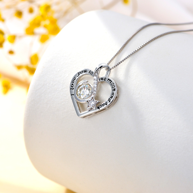 Sterling Silver Moissanite Heart Pendant Necklace with Engraved Word-3