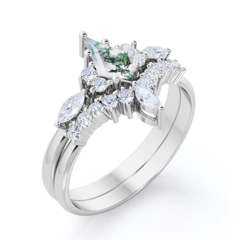 Sterling Silver Moissanite & Moss Agate Circle Engagement Ring-4