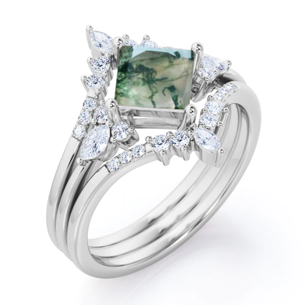 Sterling Silver Moissanite & Moss Agate Engagement Ring-3