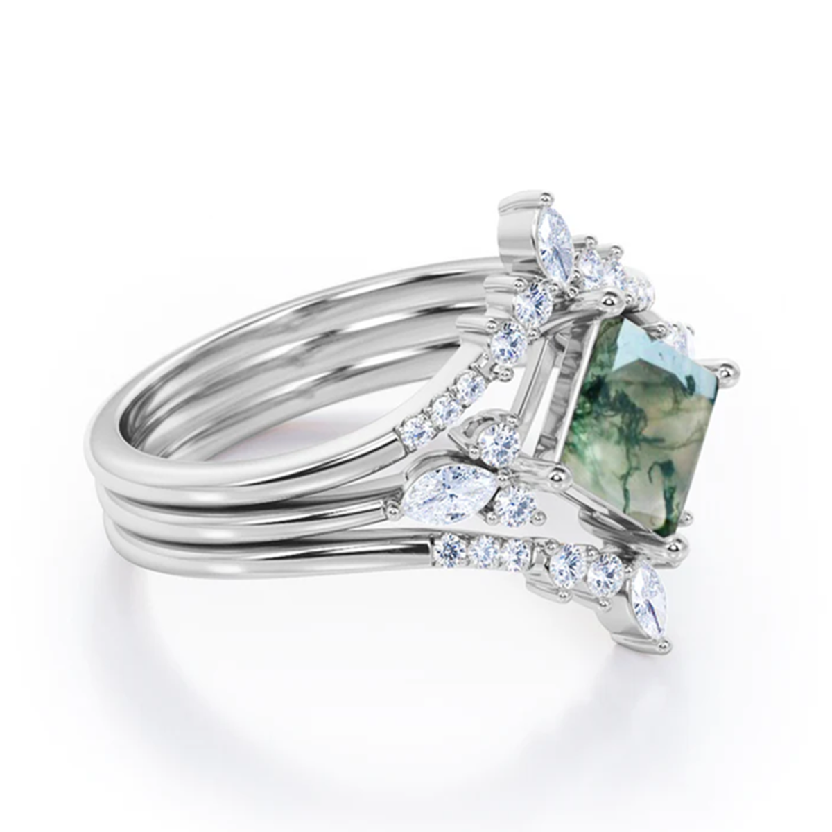 Sterling Silver Moissanite & Moss Agate Engagement Ring-4