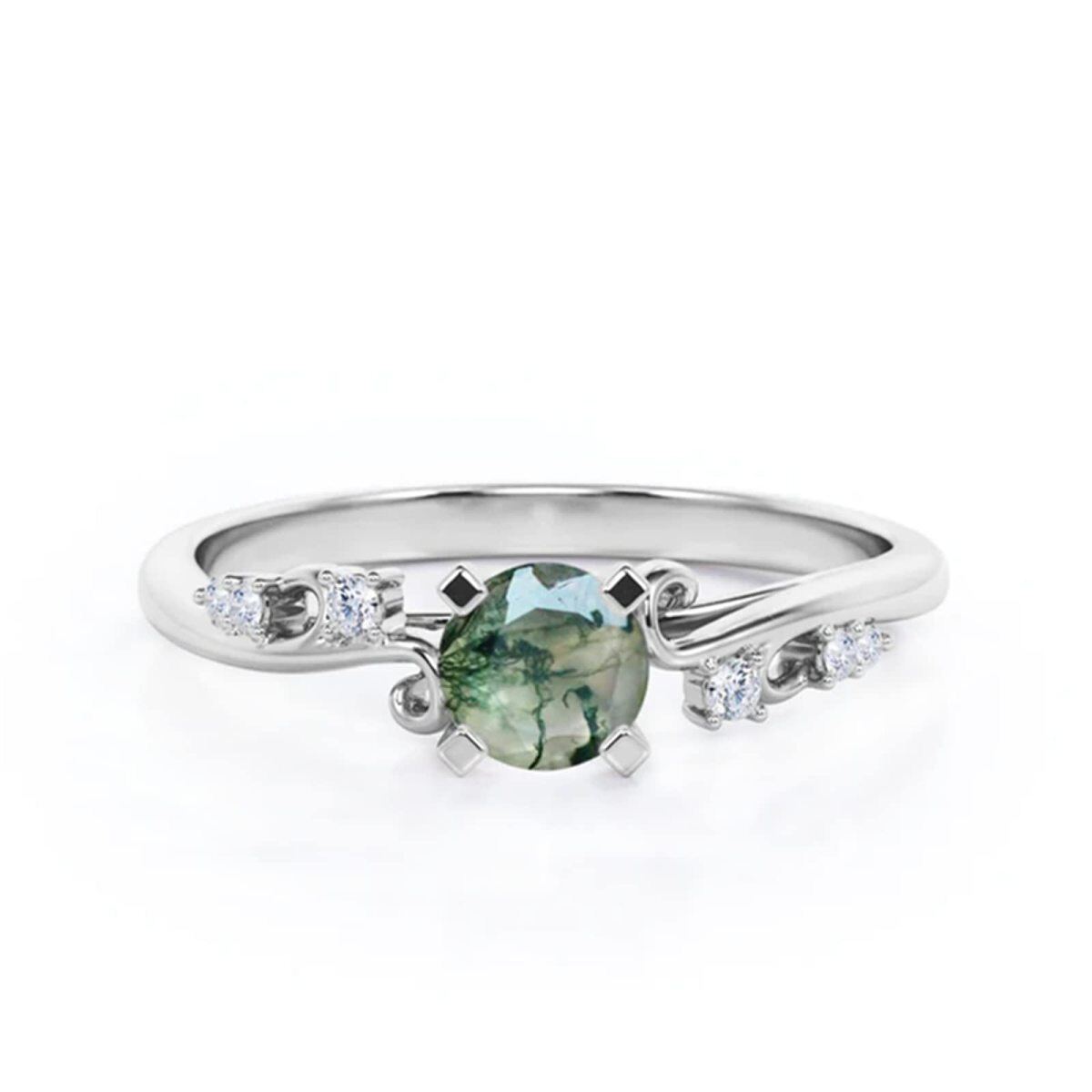 10K White Gold Moissanite & Moss Agate Personalized Engraving Engagement Ring-1