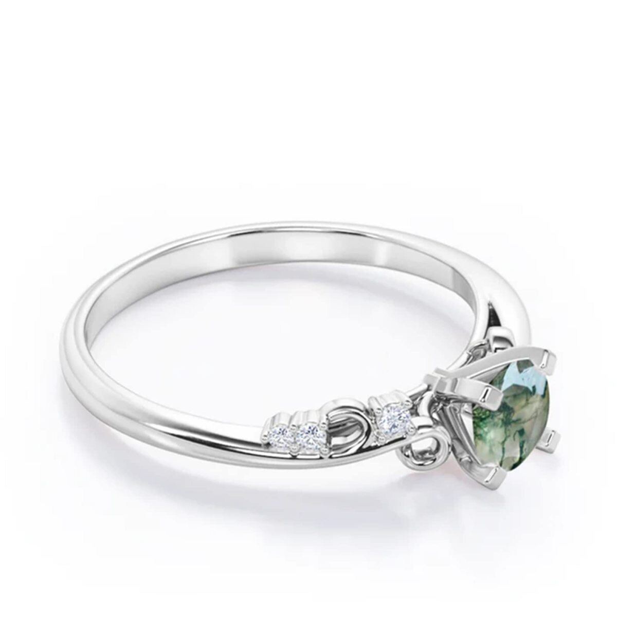 10K White Gold Moissanite & Moss Agate Personalized Engraving Engagement Ring-3