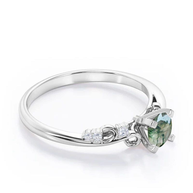 Sterling Zilveren Moissanite Moss Agaat Gepersonaliseerde Gravure Verlovingsring-3