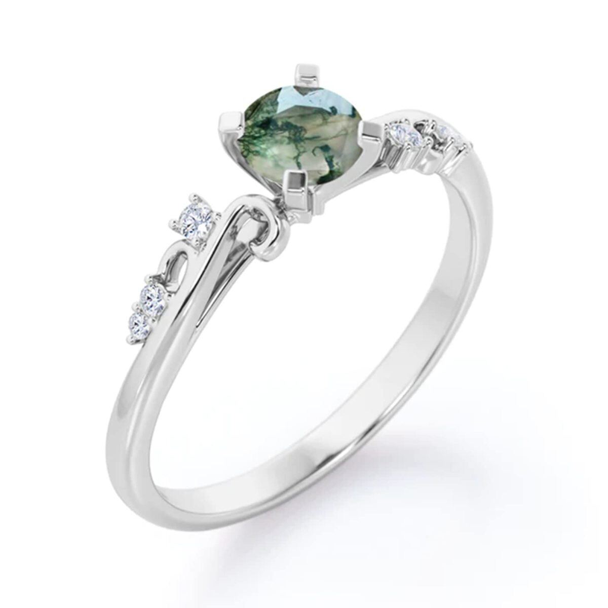 18K White Gold Moissanite & Moss Agate Personalized Engraving Engagement Ring-4