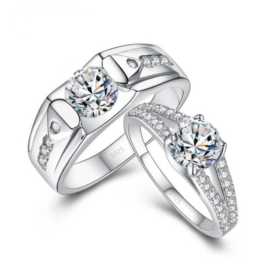 Bagues de mariage de couple en argent sterling, coupe ronde personnalisée, réglage solitaire, moissanite, pour hommes et femmes