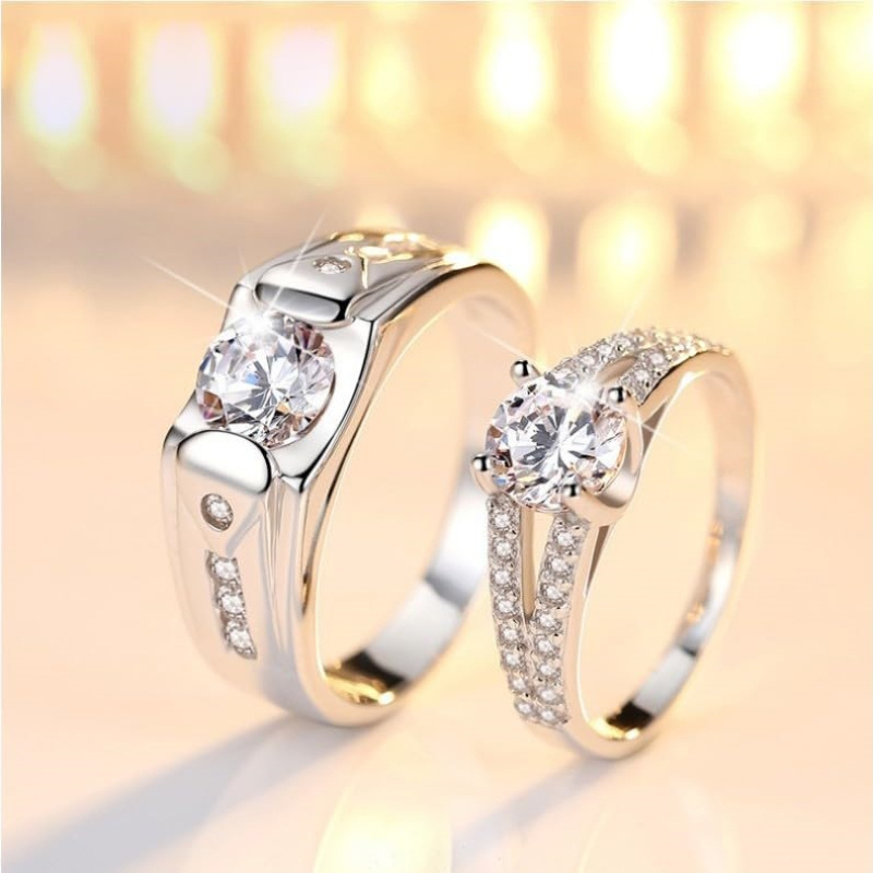 Anillos de boda de plata de ley personalizados de corte redondo con ajuste solitario de moissanita para hombres y mujeres-5