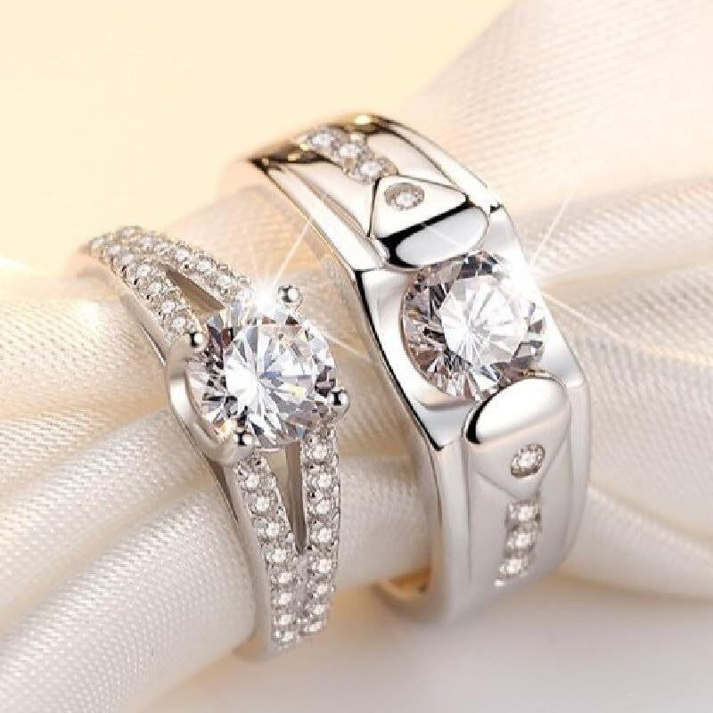 Bagues de mariage de couple en argent sterling, coupe ronde personnalisée, réglage solitaire, moissanite, pour hommes et femmes-6