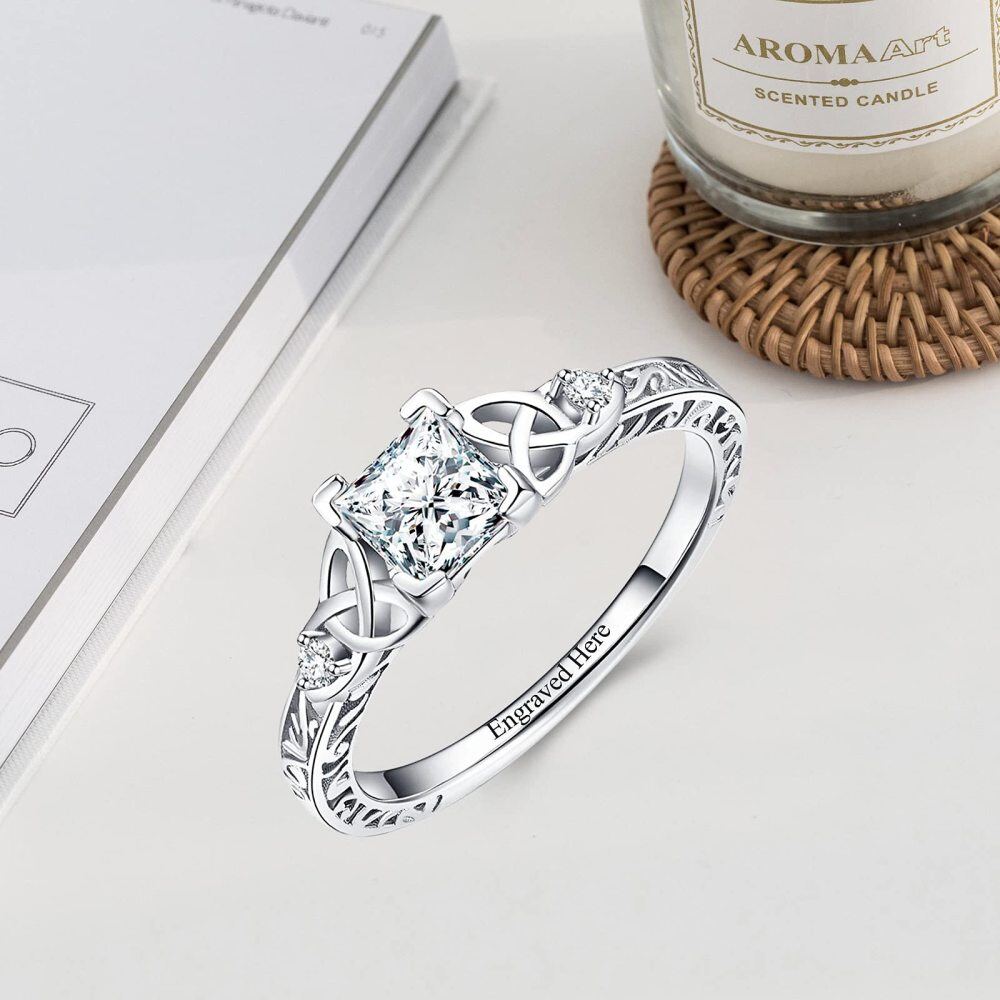 Sterling Silver Moissanite Personalized Engraving Wedding Ring-4