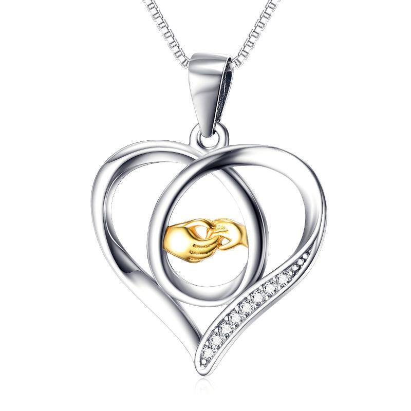 Collana con ciondolo a forma di cuore in argento sterling bicolore con zirconi cubici e cuore che si tiene per mano-1