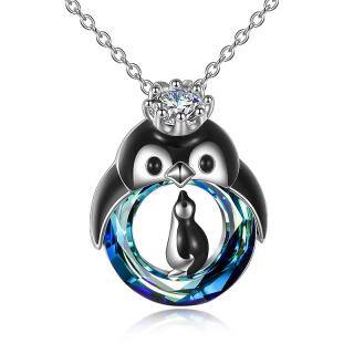 Sterling Silver Mom & Baby Penguin Crystal Pendant Necklace-50