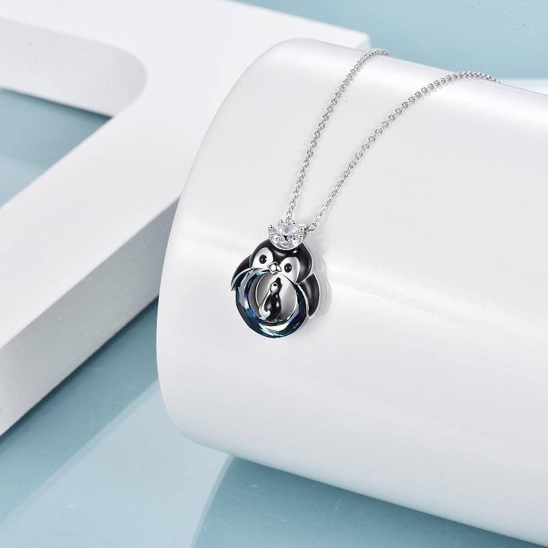 Sterling Silver Mom & Baby Penguin Crystal Pendant Necklace-3