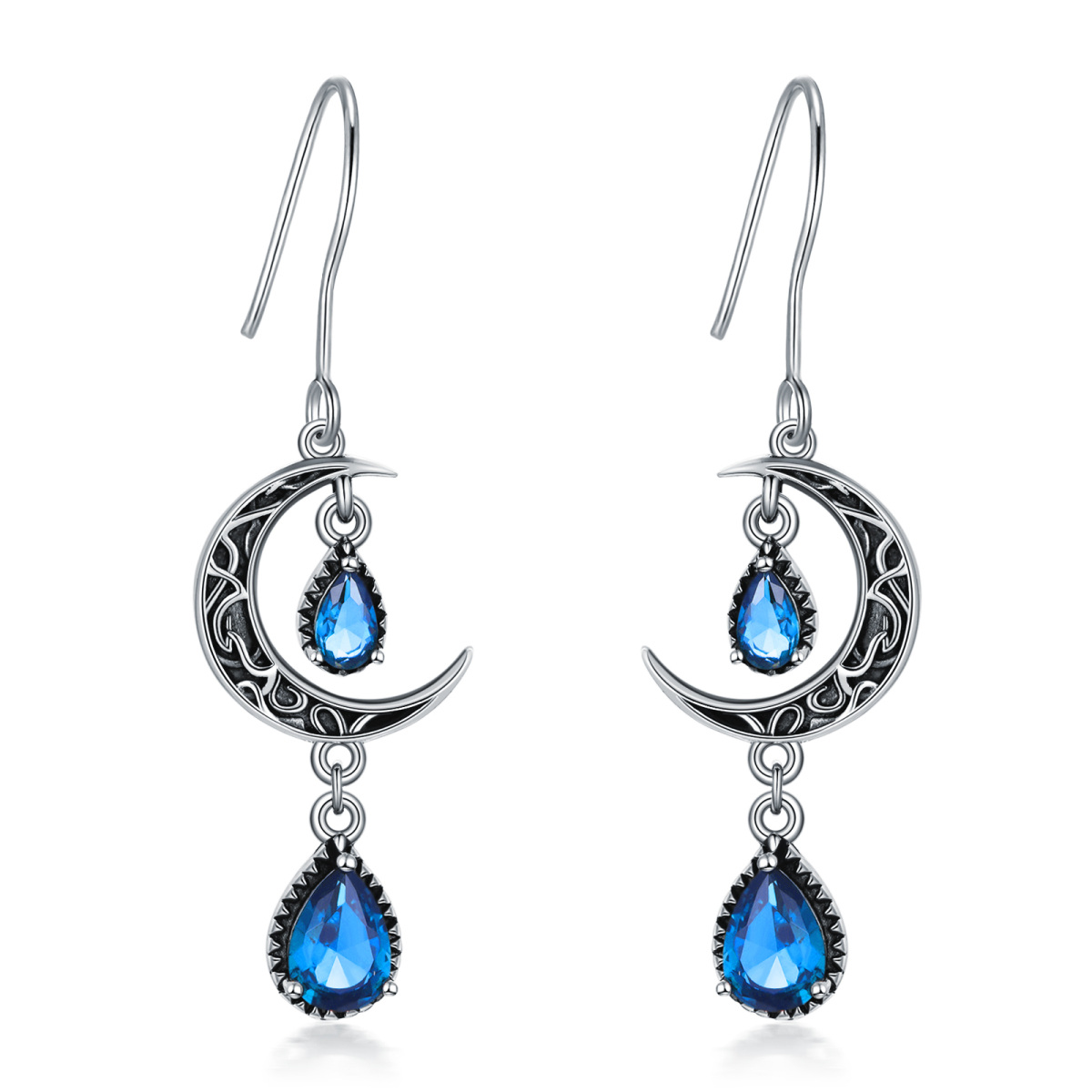 Sterling Silver Cubic Zirconia Moon Drop Earrings-1