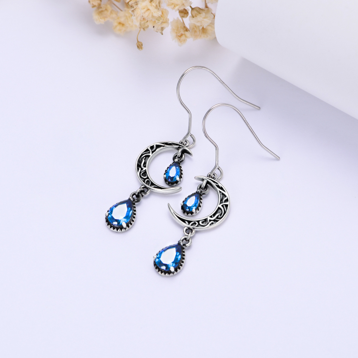 Sterling Silver Cubic Zirconia Moon Drop Earrings-3