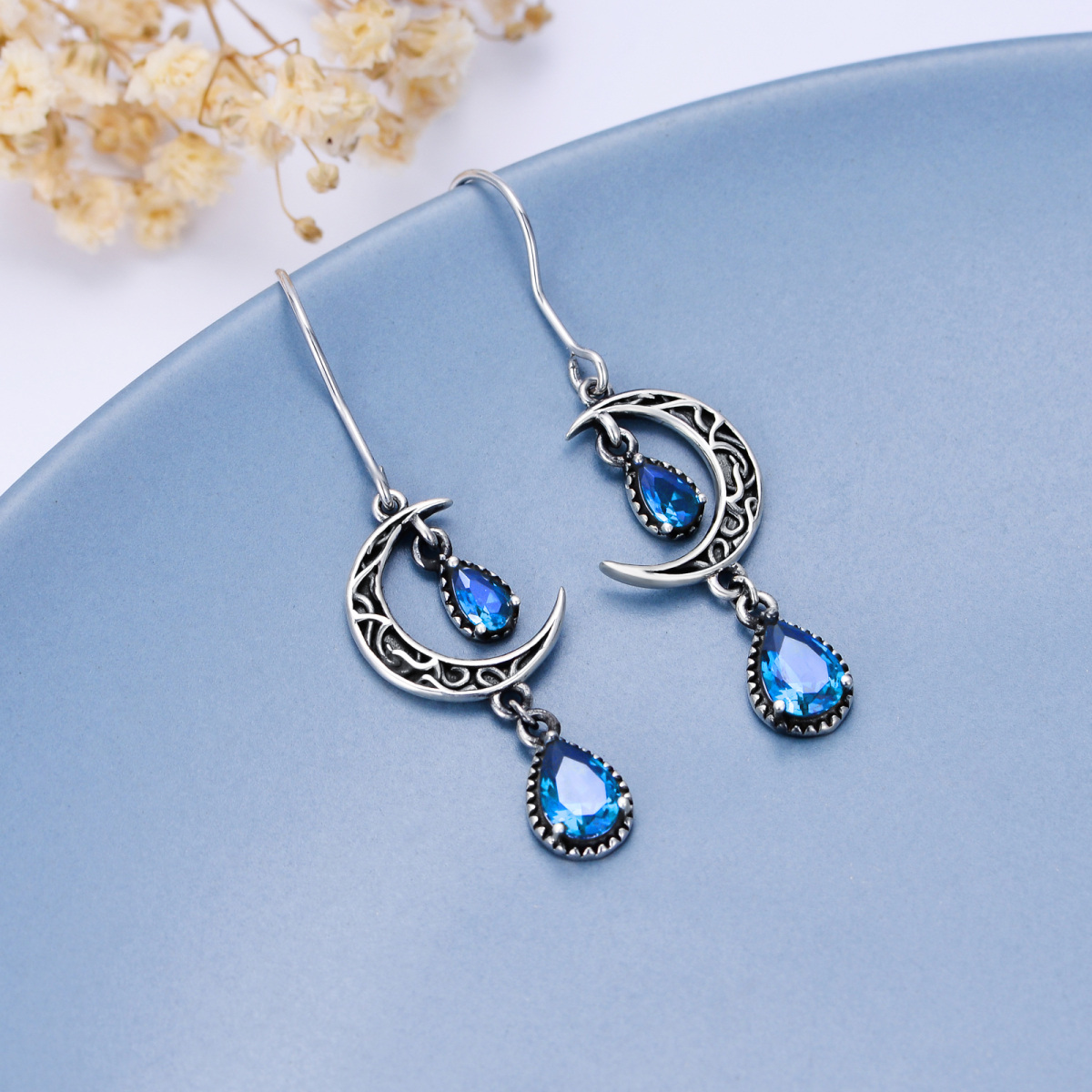 Sterling Silver Cubic Zirconia Moon Drop Earrings-4