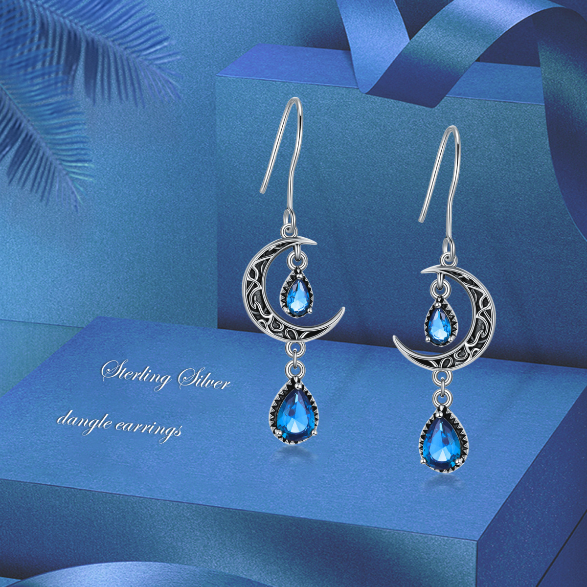Sterling Silver Cubic Zirconia Moon Drop Earrings-6