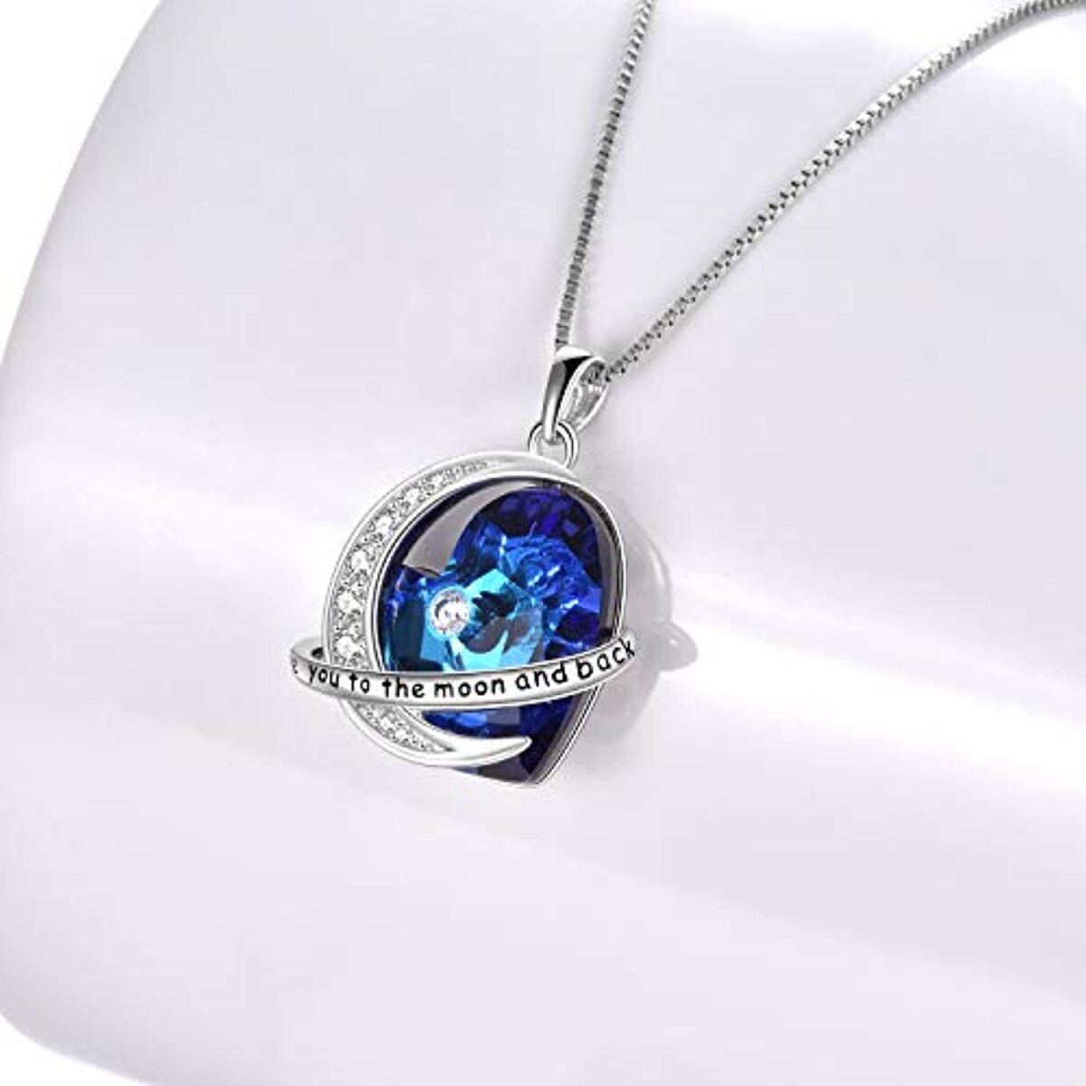 Sterling Silver Moon & Heart Crystal Pendant Necklace-3