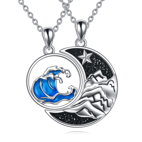 Collier de couple en argent sterling avec pendentif lune et montagnes pour hommes et femmes