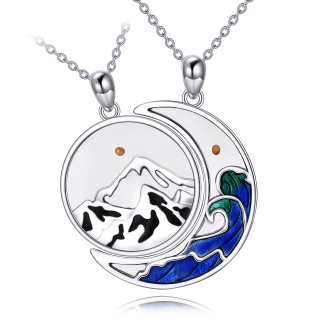 Sterling Silver Moon Mountains And Spray Pendant Necklace For Lovers-1