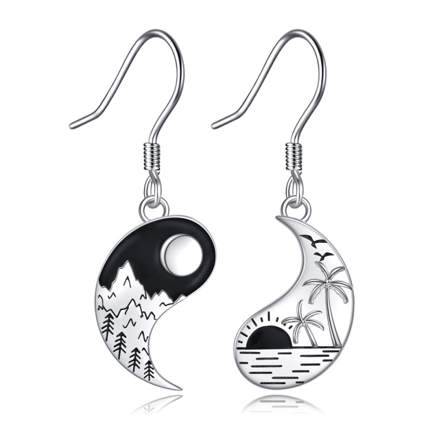 Sterling Silver Yin Yang Moon & Mountains Drop Earrings For Women-1