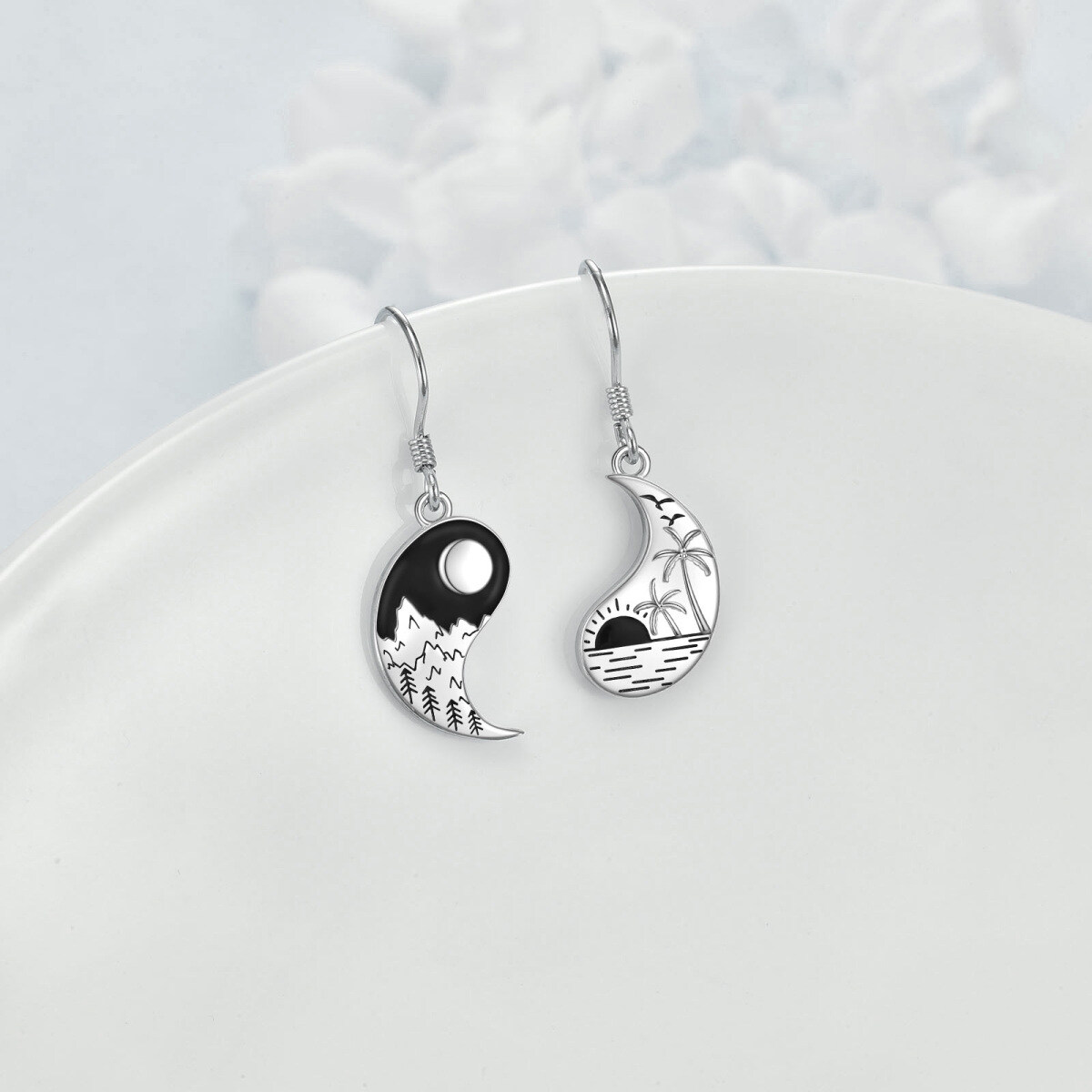 Sterling Silver Yin Yang Moon & Mountains Drop Earrings For Women-2