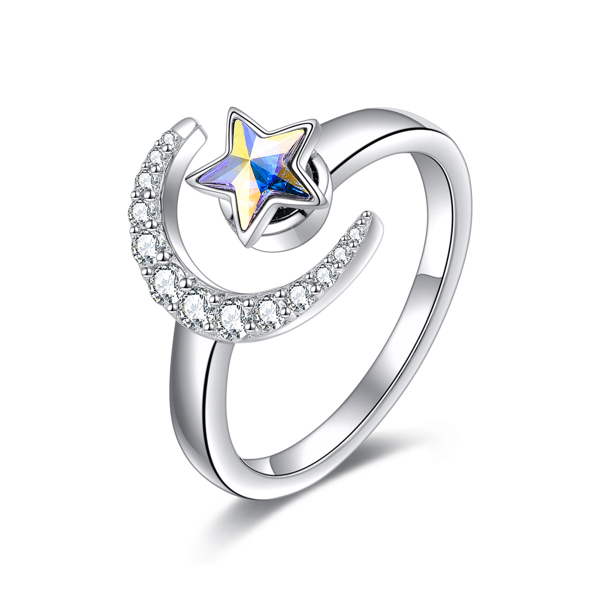 Sterling Silver Crescent Moon Sppinner Star Open Ring Anxiety Jewelry For Girl-1