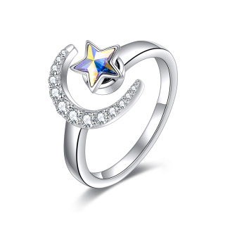 Sterling Silver Crescent Moon Sppinner Star Open Ring Anxiety Jewelry For Girl-2