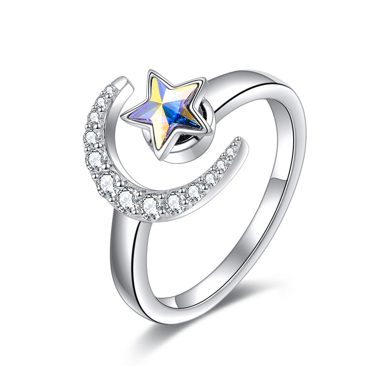 Sterling Silver Crescent Moon Sppinner Star Open Ring Anxiety Jewelry For Girl-18
