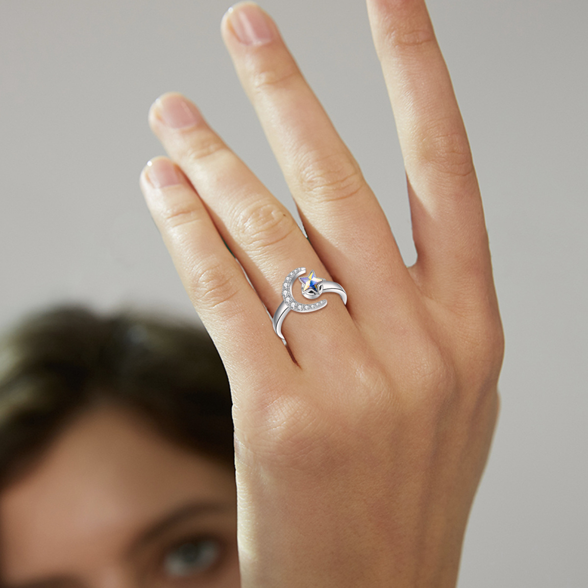 Anillo abierto de plata de ley con forma de luna creciente y estrella, joyería para la ansiedad para niña-2