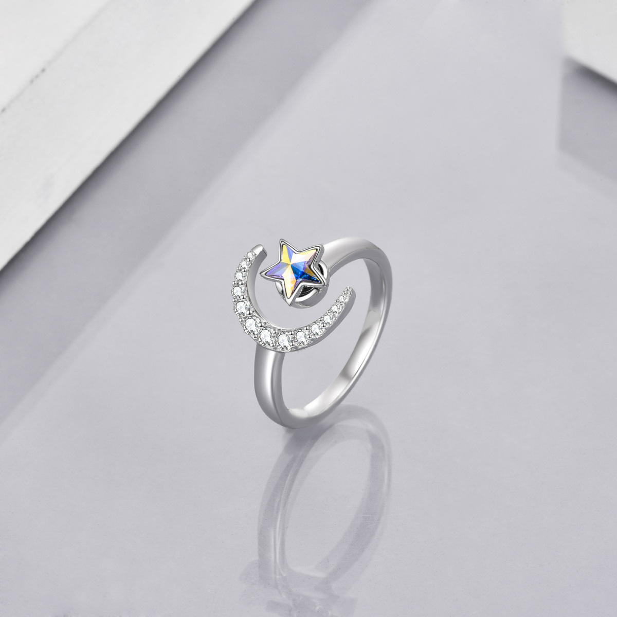 Gioielli di ansia per ragazza con anello aperto a forma di mezzaluna in argento sterling Sppinner Star-3