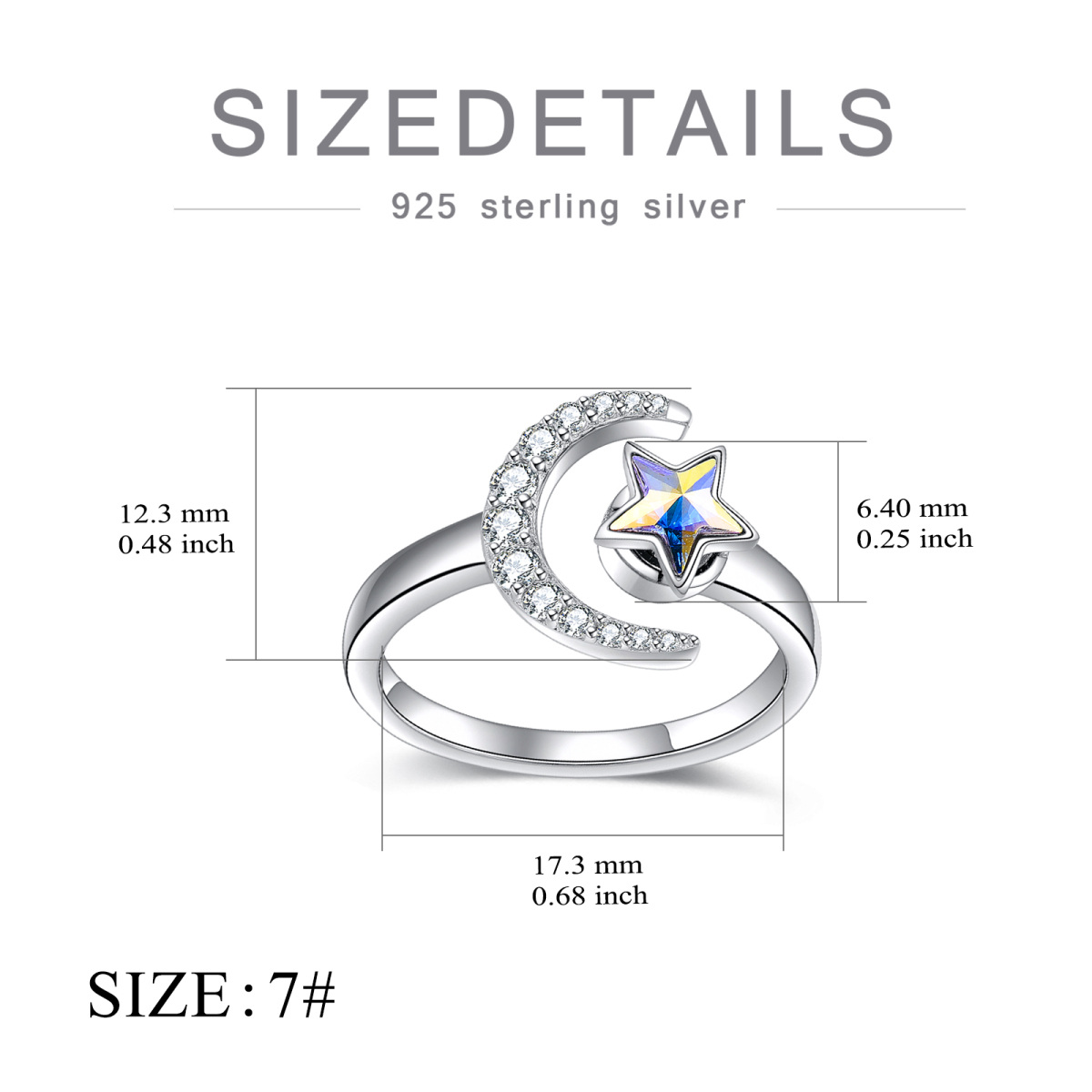 Bague ouverte en argent sterling, croissant de lune, étoile, bijoux d'anxiété pour fille-5