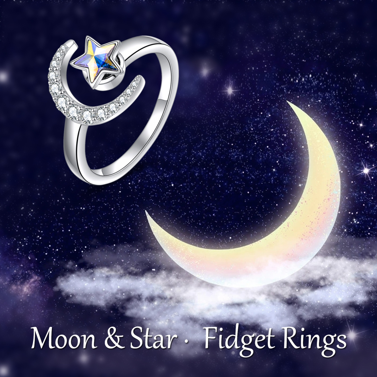 Anillo abierto de plata de ley con forma de luna creciente y estrella, joyería para la ansiedad para niña-6