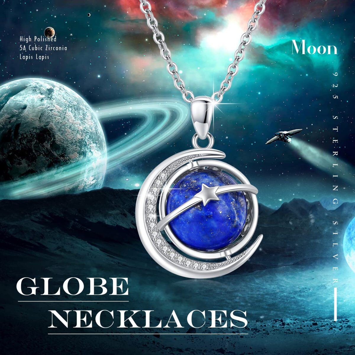 Sterling Silver Moon & Planet Pendant Necklace-4