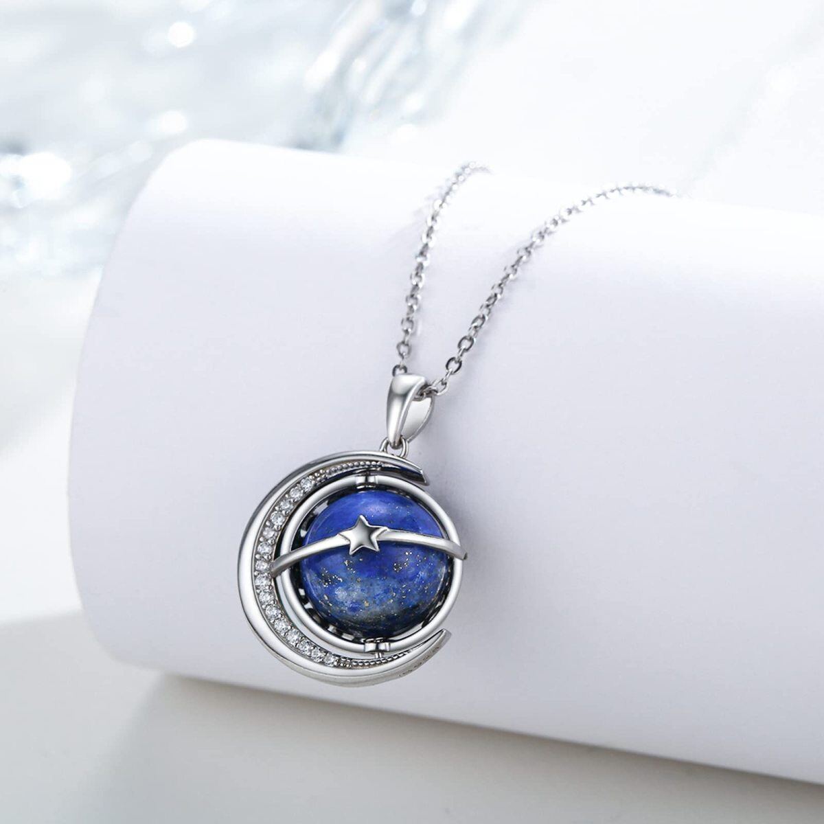 Sterling Silver Moon & Planet Pendant Necklace-5